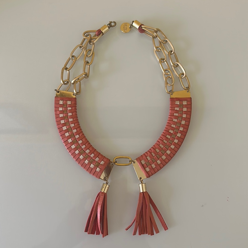 Anthropologie Wing Paris orange leather tassels & brass necklace. Made in France - Picture 5 of 12